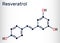 Resveratrol, trans-resveratrol molecule. It is stilbenoid, natural phenol, phytoalexin, antioxidant. Structural chemical formula