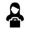 Retail icon vector female person profile avatar with shopping bag symbol for trading and commerce in flat color glyph pictogram