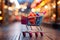 Retail rendezvous Shopping cart amidst blurred store bokeh, symbolizing dynamic shopping experience