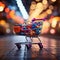 Retail rendezvous Shopping cart amidst blurred store bokeh, symbolizing dynamic shopping experience