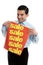 Retail salesman holding a sale sign banner