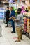 Retail shoppers practicing social distancing at Pick `n Pay grocery store during virus outbreak