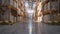 Retail warehouse full of shelves with cardboard boxes and packages. Logistics, storage, and delivery industrial background