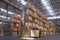 Retail warehouse full of shelves with cardboard boxes and packages. Logistics, storage, and delivery industrial background. 3d