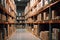 Retail Warehouse full of Shelves with Goods in Cardboard Boxes and Packages. Logistics, Sorting and Distribution Facility for