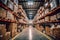 Retail Warehouse full of Shelves with Goods in Cardboard Boxes and Packages. Logistics, Sorting and Distribution Facility for