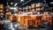 Retail warehouse full of shelves with goods in cartons, with pallets and forklifts. Logistics and transportation blurred