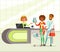 Retail woman cashier and young couple with purchases, people shopping in supermarket vector Illustration