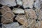 Retaining wall close-up, gabion baskets with stones