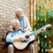 Retired husband playing acoustic guitar near senior wife