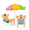 Retired old man on vacation sitting in beach chair, vector illustration. Senior friends sunbathing under parasol. Man enjoy.