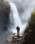 A retiree standing atop a waterfall looking down into the abyss feeling the thrill of a new start and a new challenge