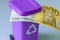 Retirement, 200 Euro banknotes, business finance concept, Miniature trash can with two hundred Euro banknote, European Union stop