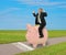 Retirement financial planning success man riding piggy bank full of money