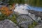 Retirement Living - An outdoor chair sitting on a rocky shore with a calm lake and autumn leaf color