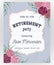 Retirement party invitation. Design template with rose gold polygonal frame and carnation flowers in watercolor style.