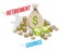 Retirement savings concept, big money bag with cash money dollar stack and coins cartoon isolated over white background.  Vector