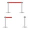 Retractable belt stanchion set. Portable ribbon barrier. Red striped hazard fencing tape.