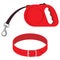 Retractable leash and collar for dog. Modern roulette lead for pets. Animal accessories for walk. Cartoon illustration.