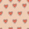 Retro 1970 love heart seamless vector pattern. Red heart shapes on beige background. Funky, groovy seventies style