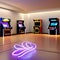 A retro, 1980s-inspired game room with arcade machines, neon signs, and vintage memorabilia4