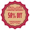 Retro 50 PERCENT OFF magenta badge.