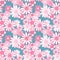 Retro 60s style pattern. Pink and red hand painted daisy flowers on pale blue background. Bohemian vintage print. Flower power