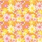 Retro 60s style pattern. Pink and yellow daisy flowers on orange background. Bohemian vintage print. Flower power