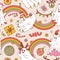 Retro 70s 60s Hippie seamless pattern with Groovy Christmas Ghost chcracters flying between Rainbow Garlands. Xmas