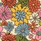 Retro 70s hippie vibrant summer seamless pattern. Floral print.