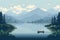 Retro 8 bit pixelated landscape with a boat and mountains.