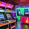 A retro 80s arcade room with neon lights, classic arcade games, and vintage arcade cabinets4