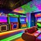 A retro 80s arcade room with neon wall art, vintage arcade cabinets, and a disco ball2, Generative AI