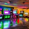 A retro 80s arcade room with neon wall art, vintage arcade cabinets, and a disco ball4, Generative AI