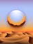 Retro 80s futuristic landscape. Chrome globe over desert