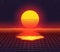 Retro 80s Futuristic Sunset Design. Grid Water Surface Bright Sun Over Horizon