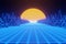 Retro 80s videogame tunnel background with mountains and sun 8bit depth of field
