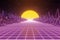 Retro 80s videogame tunnel background with mountains and sun 8bit depth of field