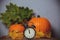 Retro alarm clock with leaves with pumpkin on background.