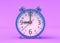 Retro alarm clock on table on pink background. 3D illustator