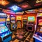 A retro arcade game room with classic pinball machines, neon signs, and vintage video game consoles5, Generative AI