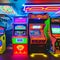 A retro arcade room with classic arcade games, neon lights, and 80s memorabilia1