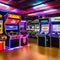 A retro arcade room with classic arcade games, neon lights, and 80s memorabilia3