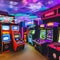 A retro arcade room with classic arcade games, neon lights, and 80s memorabilia4