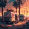 Retro art, camper van at beach with sunrise and palms tree in background, generative ai