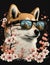 retro art of cute shiba inu dog using cool glasses with sakura flowers petals