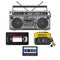 Retro audio cassette, tape recorder, music player, videotape from 90s