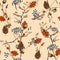 Retro Autumn pattern with berries,pine cone,nuts,flowers and l