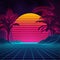 Retro background futuristic landscape 1980s style. Digital retro landscape cyber surface. 80s party background . Retro