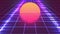 Retro background. Retrowave sun. 80 s perspective grid. Blue neon glitch. Warm vintage style. Big pink glowing sun